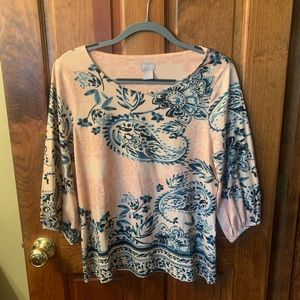 Chico Top, NEW NEVER WORN. Pink with Blue flower design, size 1 or 8-10 medium.